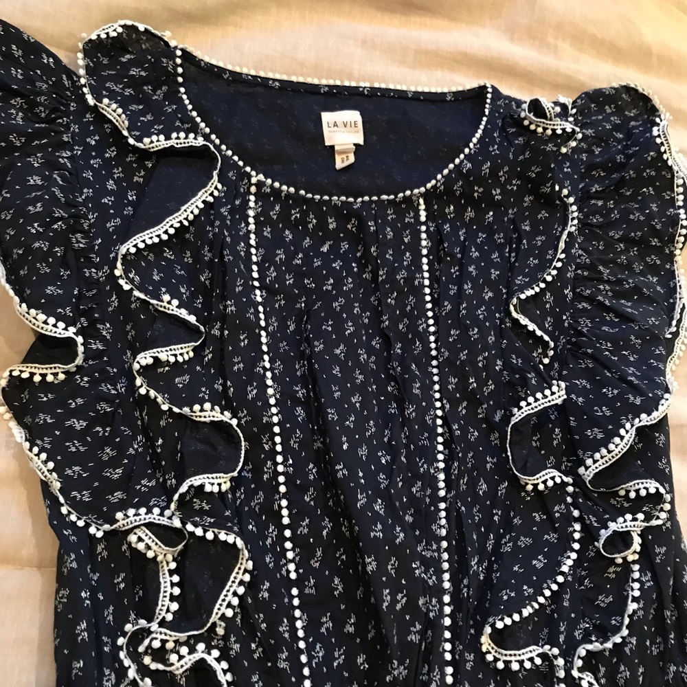 Rebecca Taylor Navy Blue Floral Midi Dress with White Trim